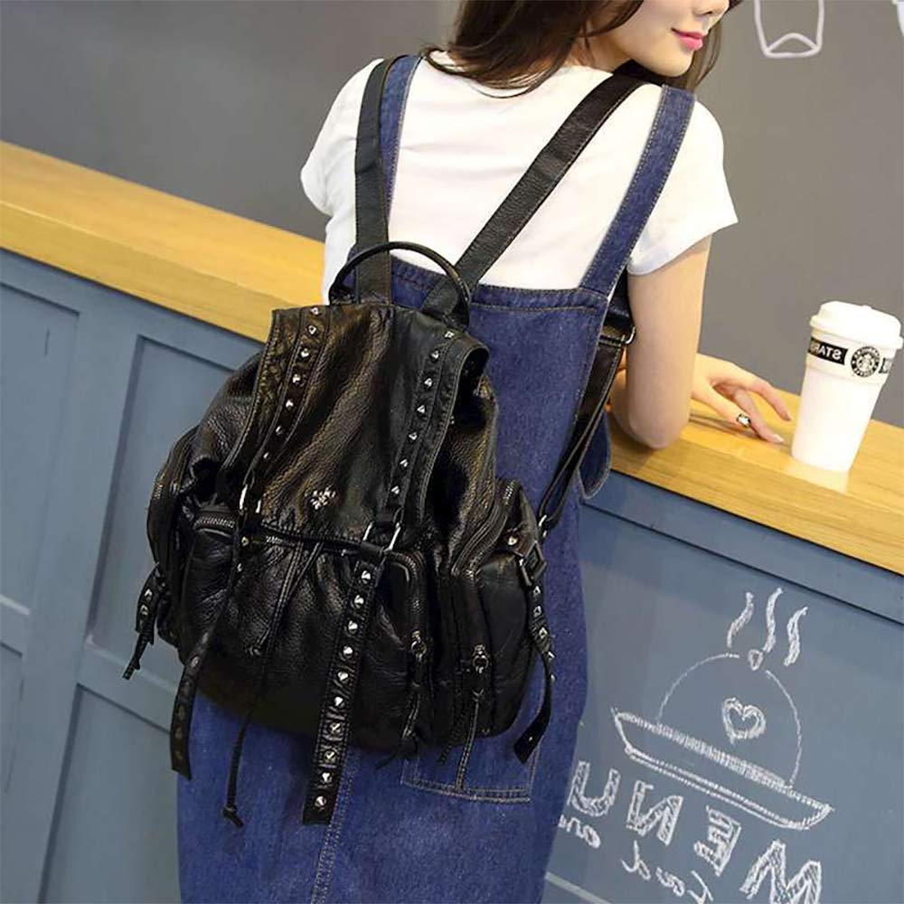 Punk Bolso Mochila Grande con Remache para Mujer Mochilas Tipo Casual para Adolescente Niña en Cuero de PU Negra