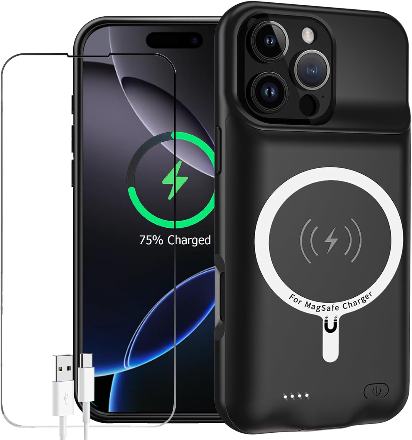 Battery Case for iPhone 16 Pro, 10000mAh Portable Protective Wireless Charging Case, Sync-through Technology, Black