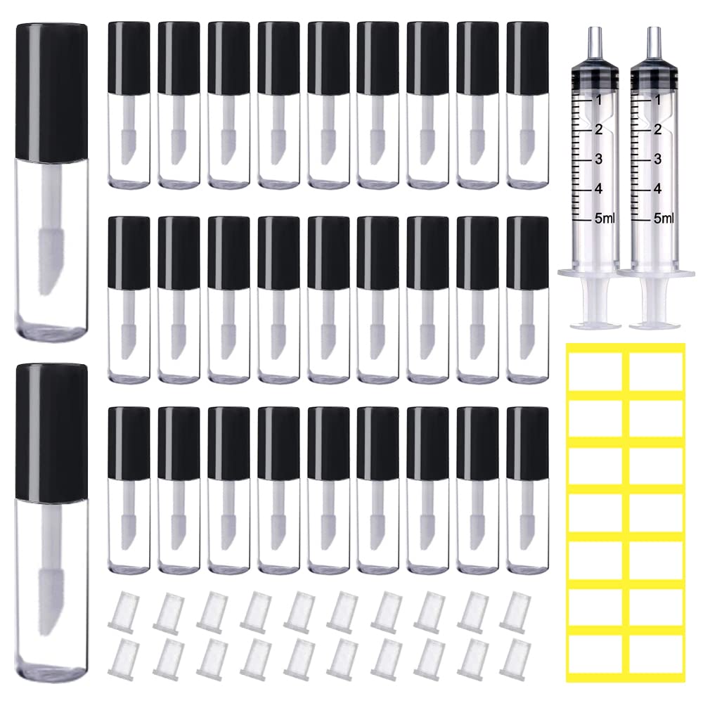 AMORIX 50PCS Mini Lip Gloss Tubes with Wand 1.2ml Empty Containers Clear Refillable Travel Lip Balm Bottles for Samples with 5ml Syringes DIY Lip