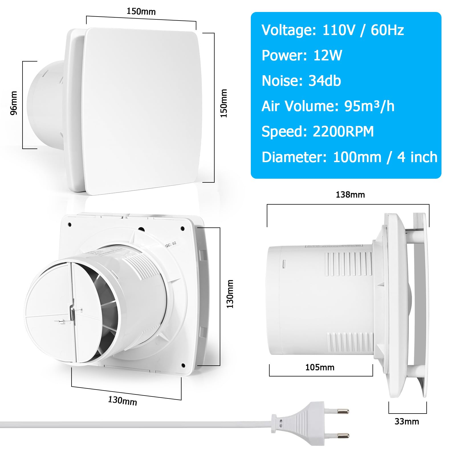 Extractor de Baño Silencioso, 100mm Ventilador Extractor de Aire Antirretorno, Ventilador Baño con Válvula Anti Retorno, Extractor de Aire para Baños Cocinas Garajes, IPX4