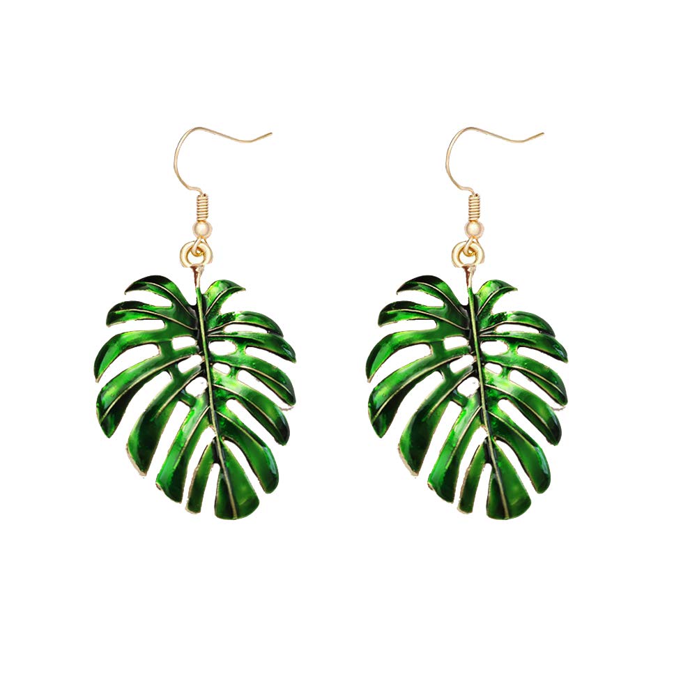 Green Enamel Fresh Monstera Leaf Earrings Tropical Palm Tree Dangle Earrings