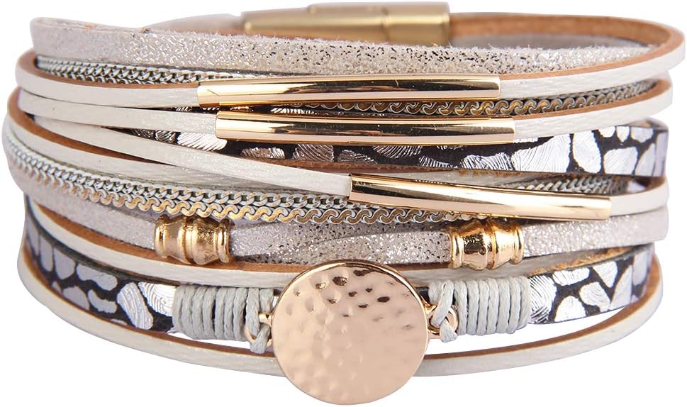AZORALeather Wrap Bracelets for Women Goldplated Metal Crescent Cuff Bracelet with Magnetic Buckle Casual Bohemian Wrist Bangle Jewelry Gift for Ladies Sister Mum