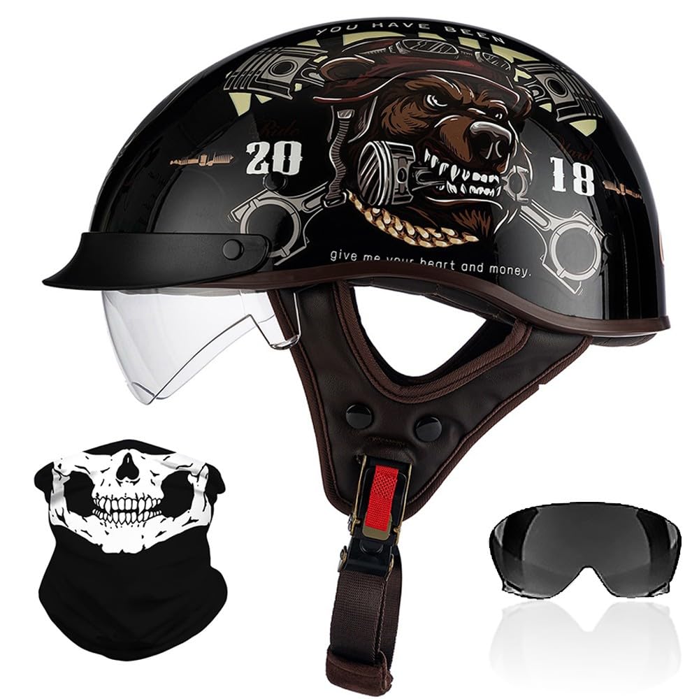 Rhbddhv G Retro Half Face Motorbike Helmet, Moped Open Face Motorbike Helmet, Ece2206 Approved, With Visor Half Motorbike Helmet, Jet Helmet With Built-In Oggles For Cruiser Moped Scooter