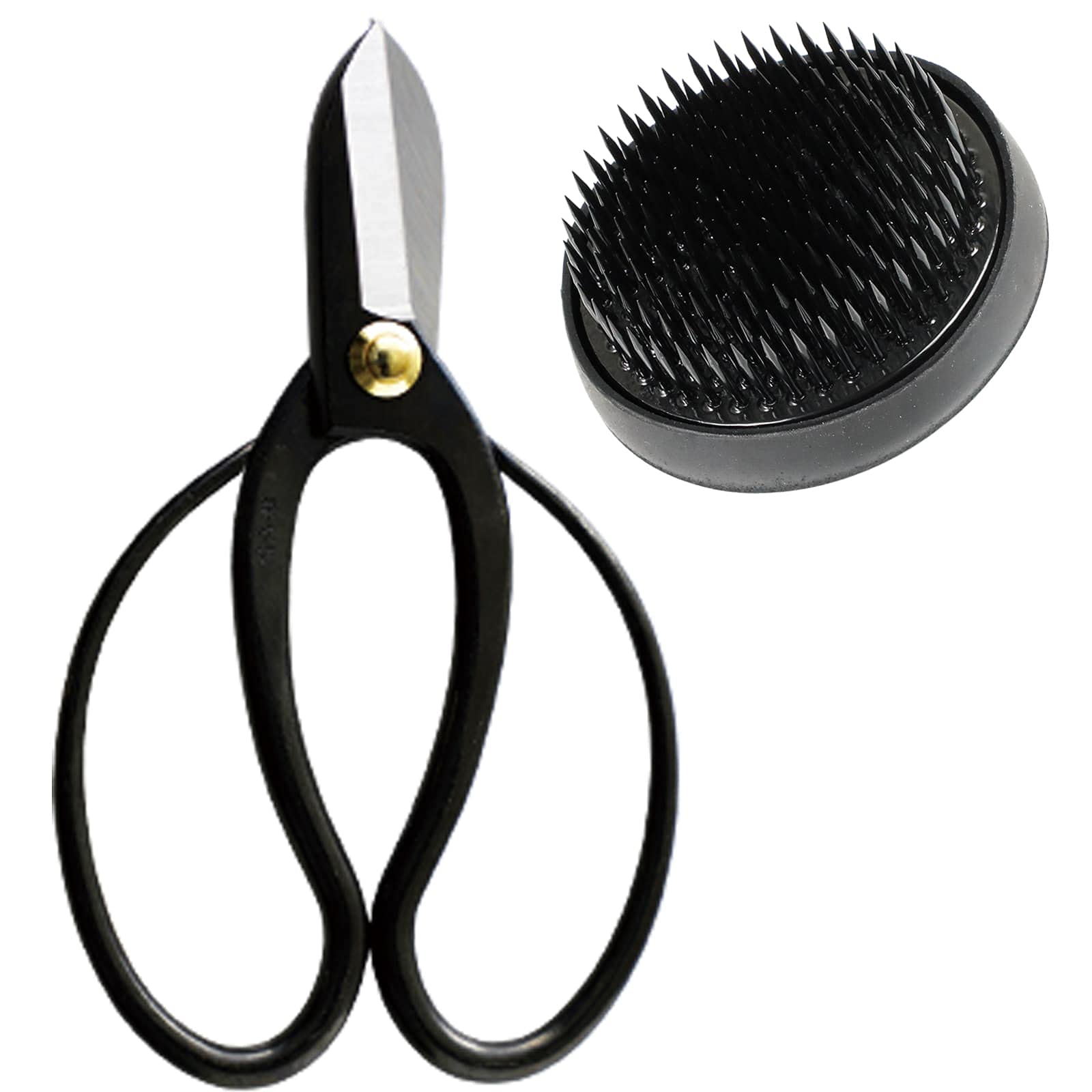Wazakura 61Mm Kenzan + Koryu Scissors 2Pcs Japanese Ikebana Essential Tool Set Made In Japan, Floral Arrangement Kit [ Koryu Scissors + 61Mm Round Black Kenzan ]