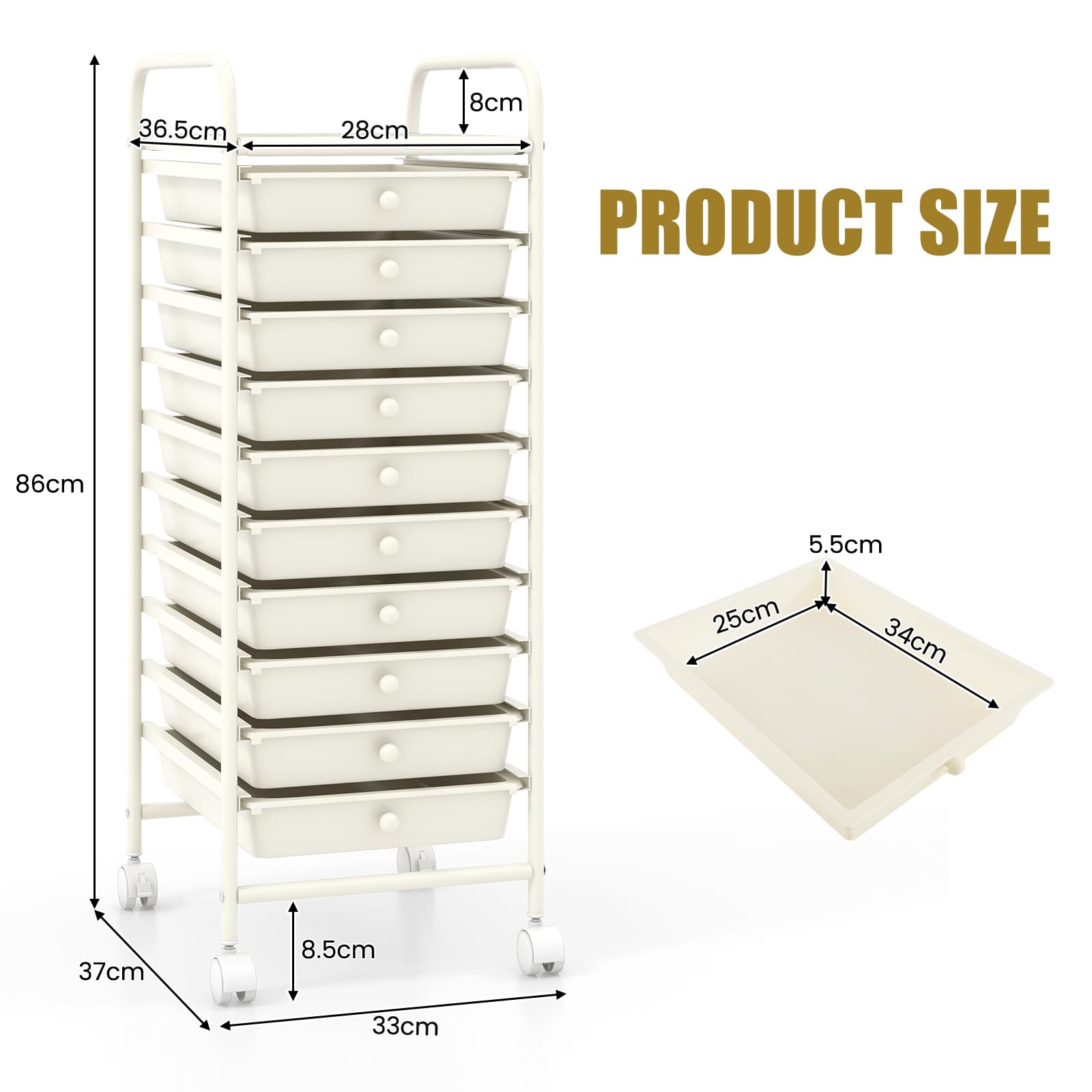 GIANTEX Opbergwagen, 10 laden, rek met 4 wielen (2 met remmen), kunststof wagen met metalen frame, organizer voor kantoor, keuken, badkamer, 33 x 37 x 86 cm (wit