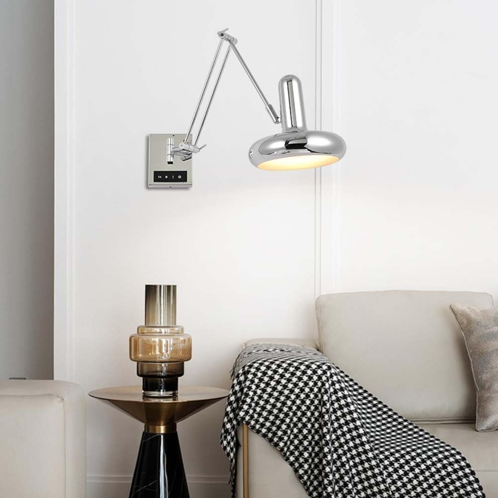 AoLa Chrom Wandleuchte Innen Schwenkarm Wandlampe mit Schalter Touch Dimmbar Langer Arm Leselampe Verstellbar Vintage Industrial Nachttischlampe Ausziehbar E27 Retro Wandbeleuchtung,Chrome