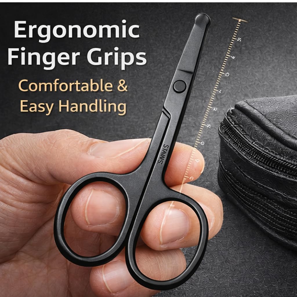 Premium Nose Hair Scissors, Ear and Nose Hair Trimmer Clipper, Curved Safety Blades with Rounded Tip for Trimming (Black)