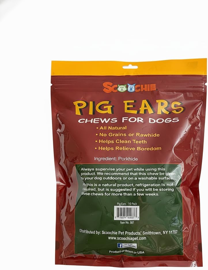 Scoochie Pet 10-Pack Natural Pig Ears for Dogs, Oven-Roasted High-Protein Chews in Resealable Printed Bag