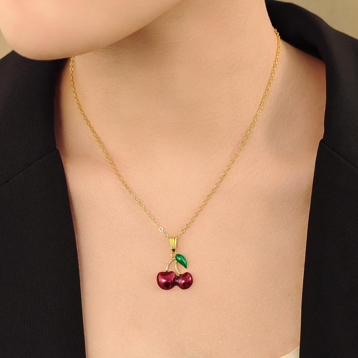 Caiyao Red Cherry Green Leaf Dangle Earrings Neckalce Set Dainty Fruit Cherry Earrings Necklace for Women Jewelry - Image 3