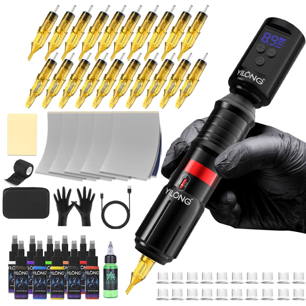 Tattoo Machine Kit Wireless - Tattoo Guns with 1500mAh Power Supply, Cartridge Needles and Ink Set, Beginner Tattoo Supplies for Temporary and Starter Kits