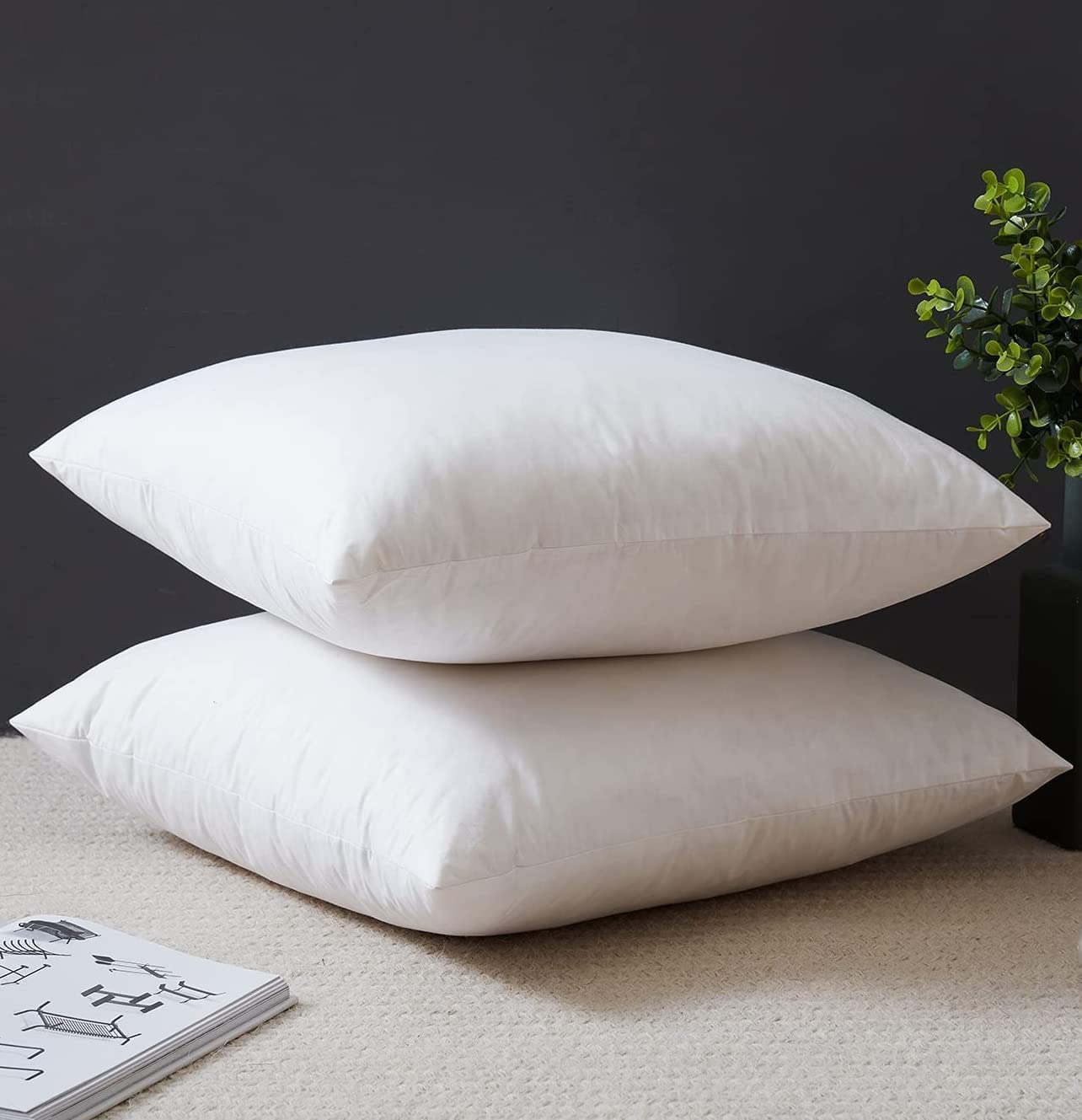 YSTHER Down Feather Throw Pillow Inserts 18x18 Set of 2 Square Form Sham Stuffer Premium Hypoallergenic Cotton Lumbar White Decorative Sofa Cushion Couch