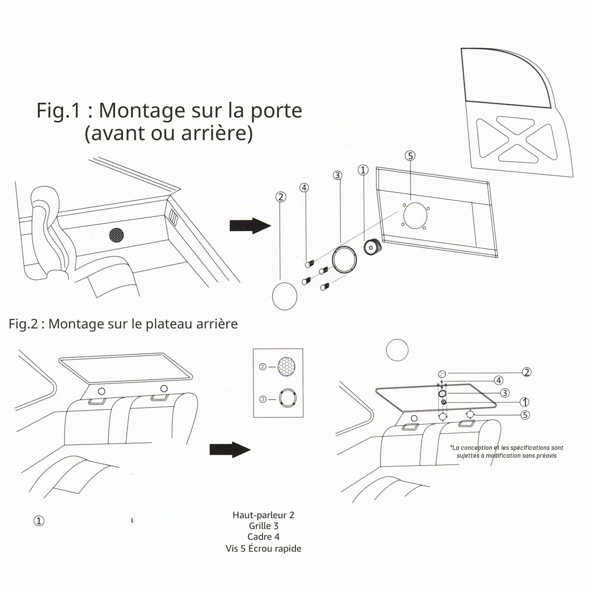 Lot de 2 Haut-parleurs HiFi coaxiaux pour Porte de Voiture 10 cm 60 W