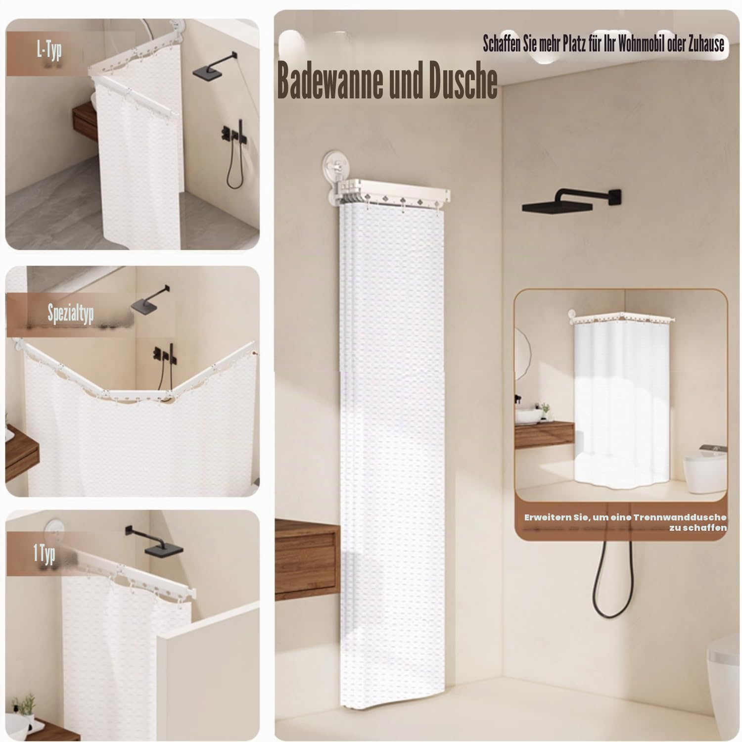 Faltbarer Duschvorhangstange mit Saugnapf, Ohne Bohren L/U Form Eckvorhangstangen Zur, Wasserdicht Schimmelresistent Duschvorhang für Badewanne(172+25cm)