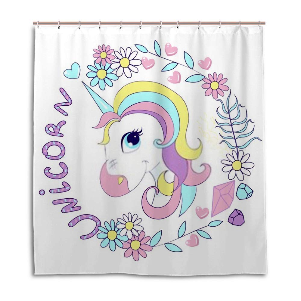 Rideau de douche polyester imperméable motif licorne fleurie pour baignoire 180x180cm