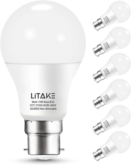 Litake B22 LED Bulbs, 6 Pack 150W Equivalent 15W A60 LED Bayonet Light Bulbs Warm White 2700K Super Bright 1600LM Energy Saving Frosted Non-Dimmable [Energy Class A+++]