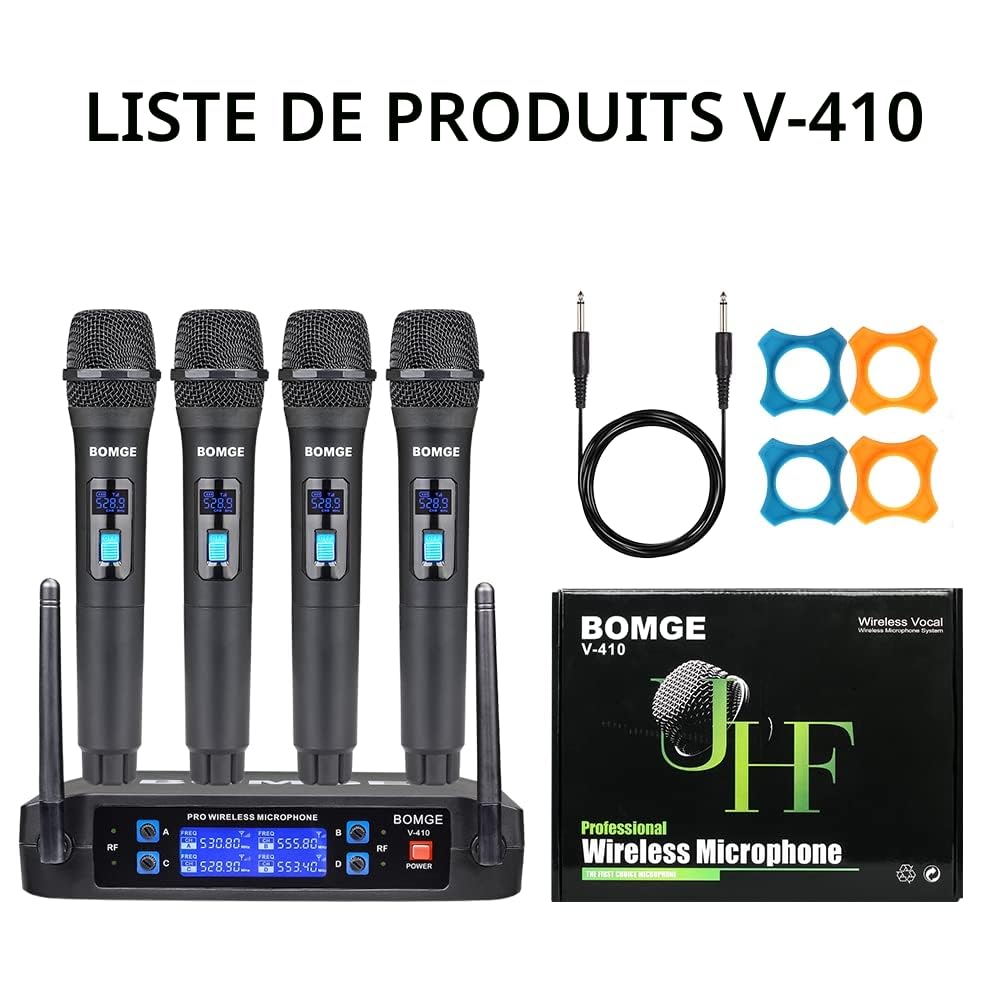 BOMGE Système de microphones sans fil professionnel 4 canaux, 4 micros portables, fréquence fixe, portée 61 m, idéal pour l'église, karaoké, événements