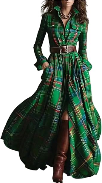 French Grid Dress for Women Retro Ethnic Style Plaid Maxi-Dress Trendy Long Sleeves Lapel Button Dresses with Pockets