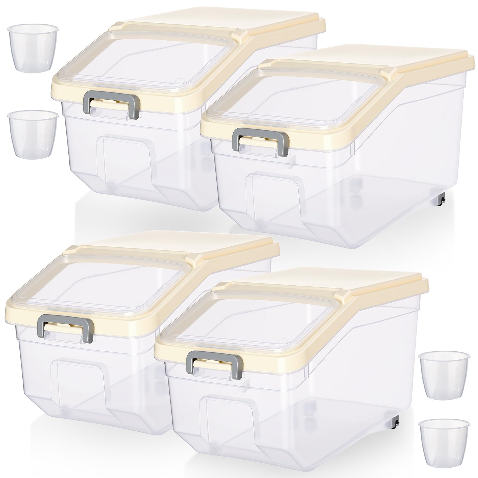 Sunnyray 4 Pcs Rice Storage Containers Bulk Flour Sugar Container Wheels Measuring Cups Set Airtight Pet Dog Cat Birds Food Bin Grain Cereal Organizer Box for Dry Baking(Beige,22 lb)