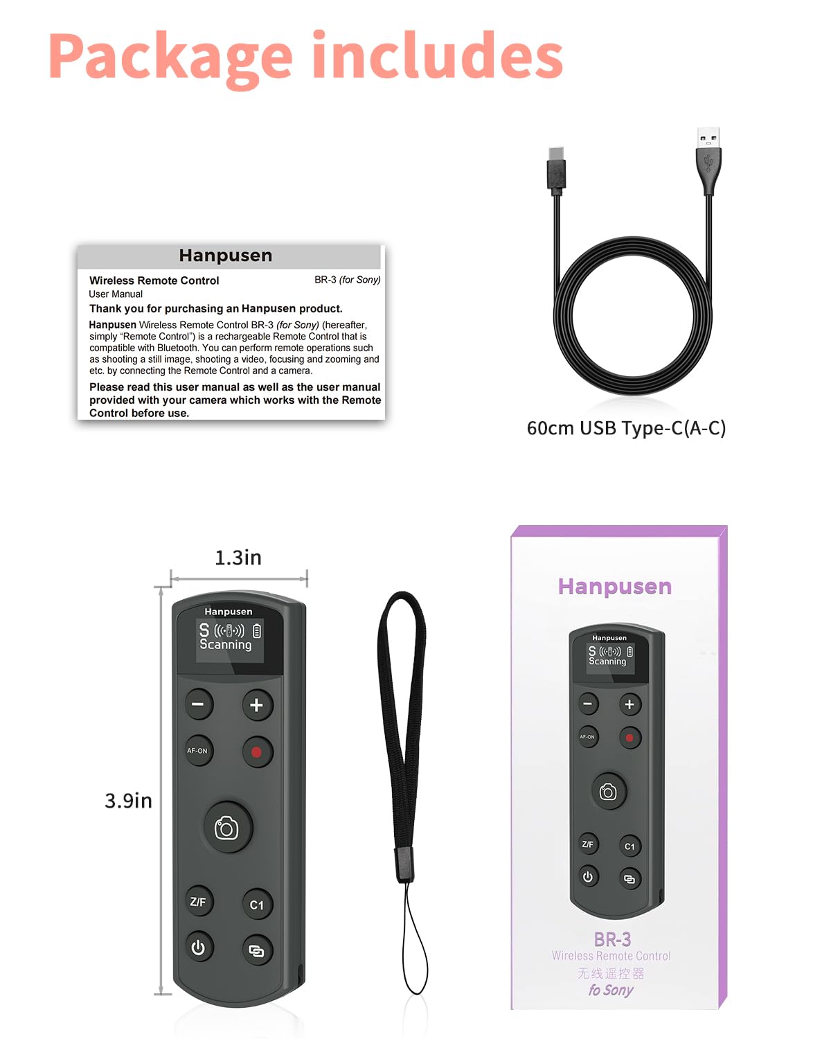 Hanpusen Telecomando ricaricabile per fotocamera Sony – scatto senza fili con schermo OLED compatibile con ZV-1F, ZV-1II, ZV-1, ZV-E10II, ZV-E10, A6100, A6400, FX30, FX3; sostituisce Sony RMT-P1BT