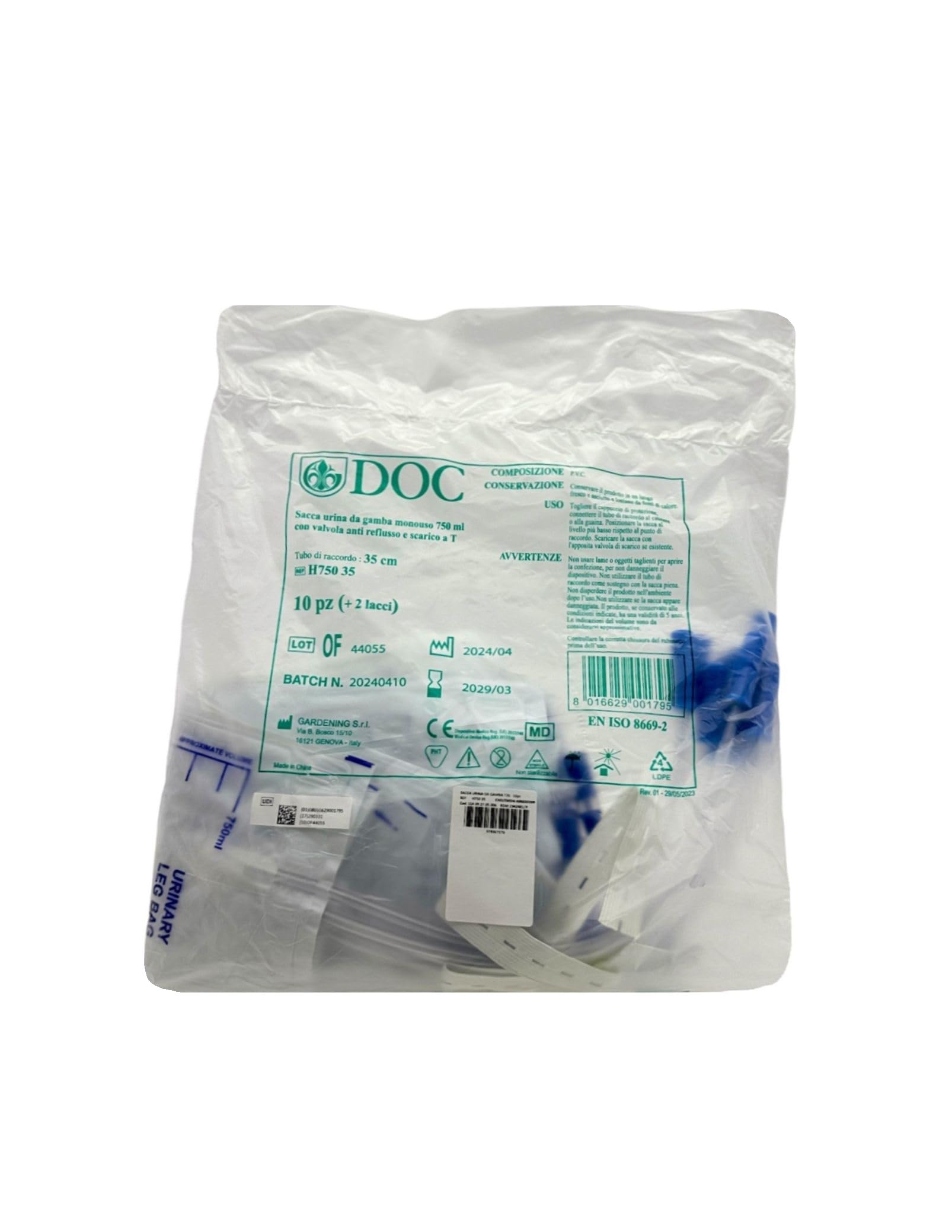 Bolsa para la recogida de orina de pierna – Desechable – Capacidad 750 ml – Tubo 35 cm – Válvula antireflujo – Desagüe en T – CE (paquete de 10 unidades)