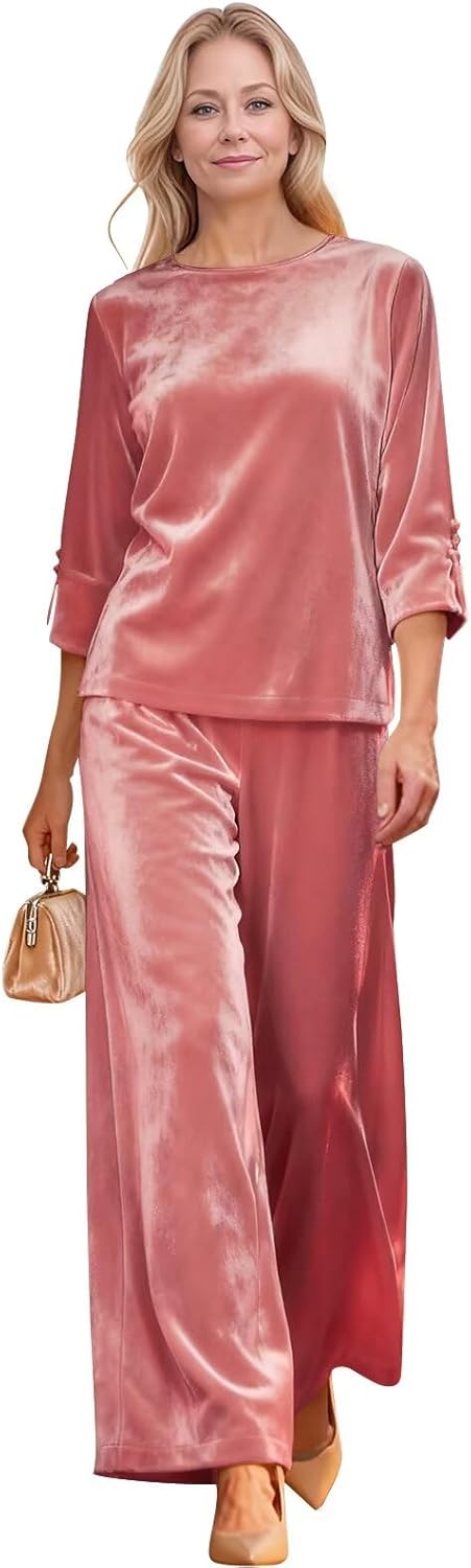 Velvet Mother of The Bride Pants Suits for Wedding Winter Long Sleeve Formal Outfit Sets 2 Piece Sets Pants Dressy
