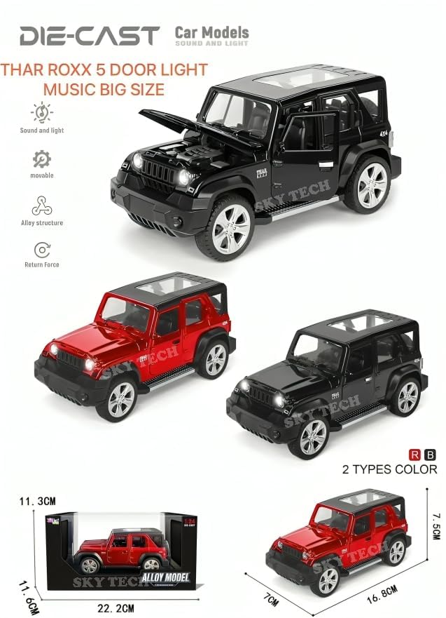 Image of Mahindra Thar Roxx Jeep SUV Car 1:28 Scale Model Car Exclusive Alloy Metal Pull Back Die-cast Diecast Metal Pullback Toy Openable Doors & Light Music Best Gifts Kids【Colors as Per Stock 】