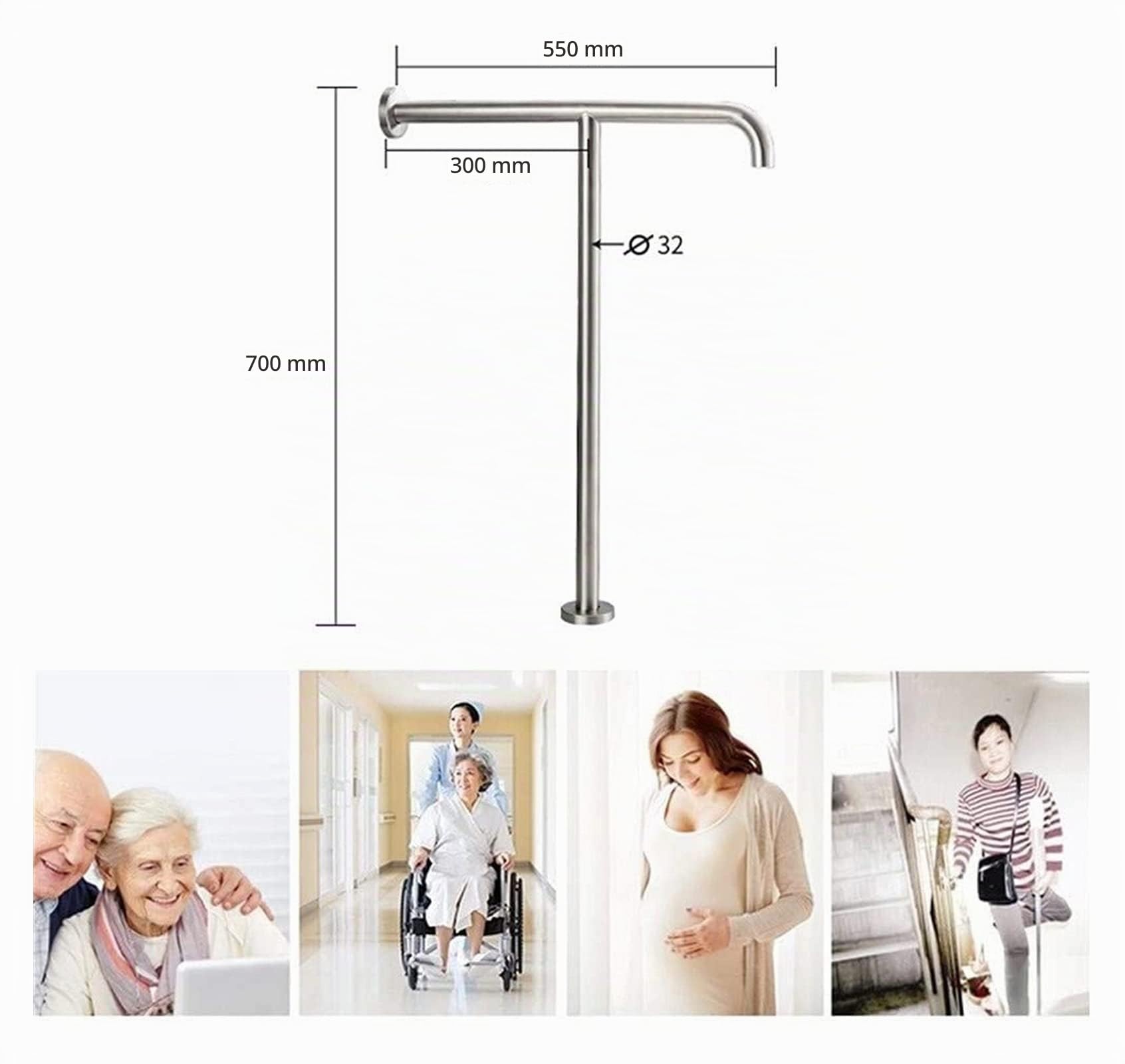 Barra de Apoyo de Acero Inoxidable para baño - Riel de Inodoro montado en la Pared con Pata, de Suelo a Barra, rieles para