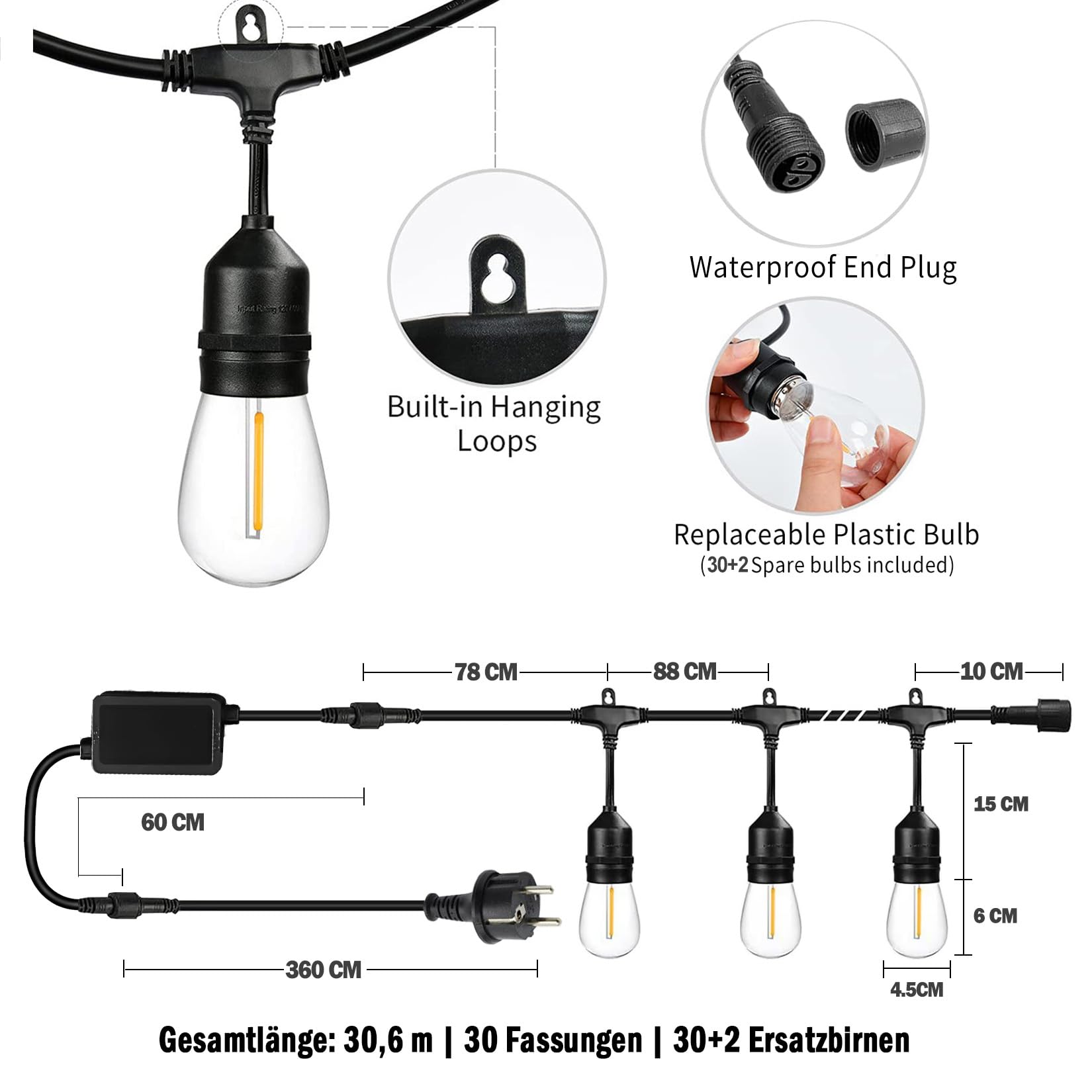 30M LED Lichterkette Außen E27 IP65 mit Funkfernbedienung & Dimmfunktion | S14 Stromlichterkette mit 32 birnen, 2700K Warmweiß, Dimmung & Timer & 3 Lichtmodi, Ideal für Terrasse, Garten und Hochzeiten