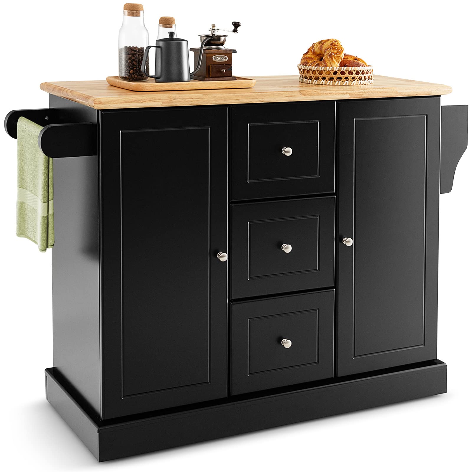 TANGZONLarge Kitchen Island on Wheels, Rolling Storage Trolley with 2 Cabinets, 3 Drawers, Adjustable Shelves, Rubber Wood Worktop, Spice & Towel Rack, Utility Serving Cart for Dining Room (Black)