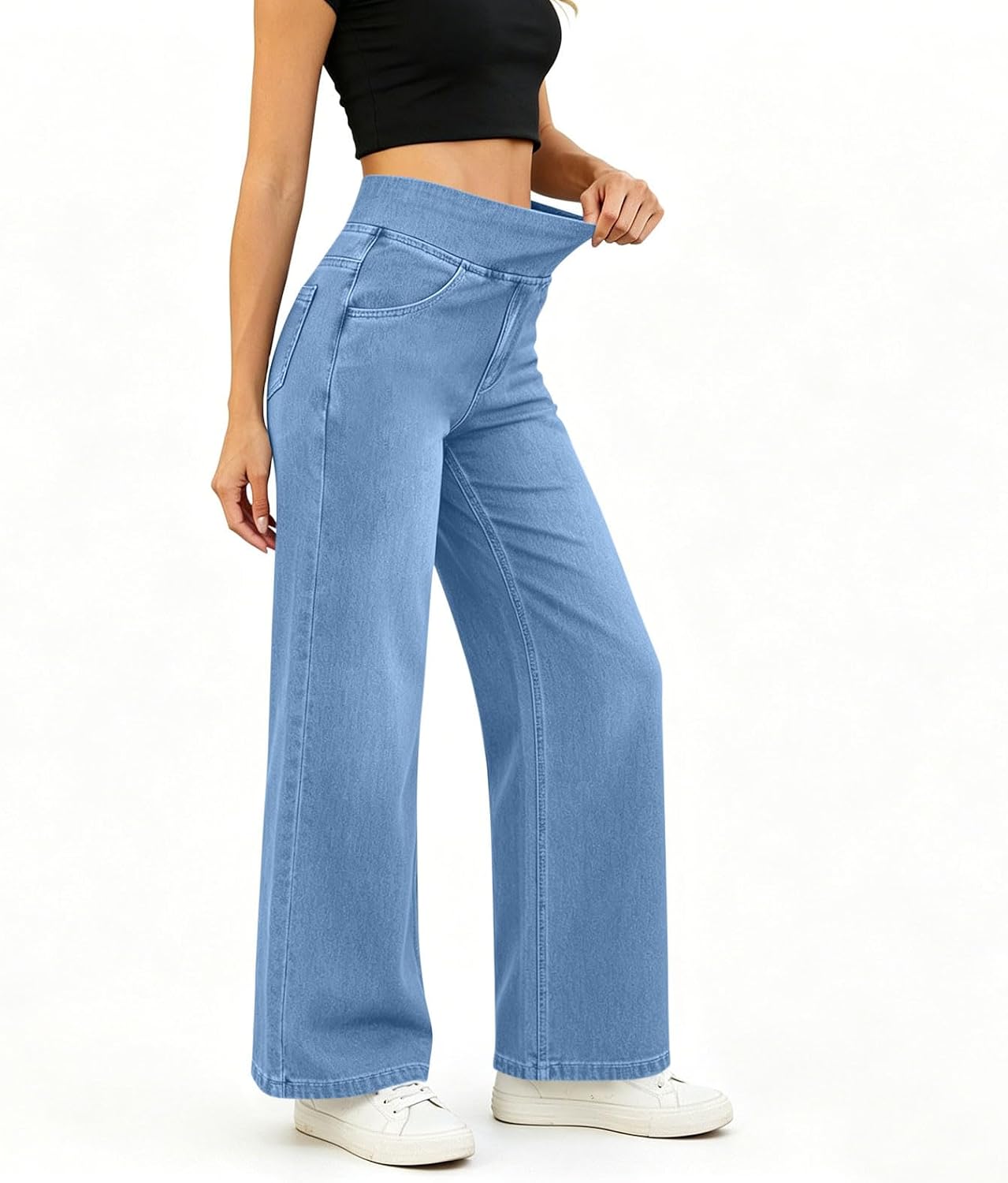 FZYLQY Womens Wide Leg Denim Pants Pull On Waist Trousers Pocket Slacks Stretch Casual Comfy Jean Style Travel Street Wear