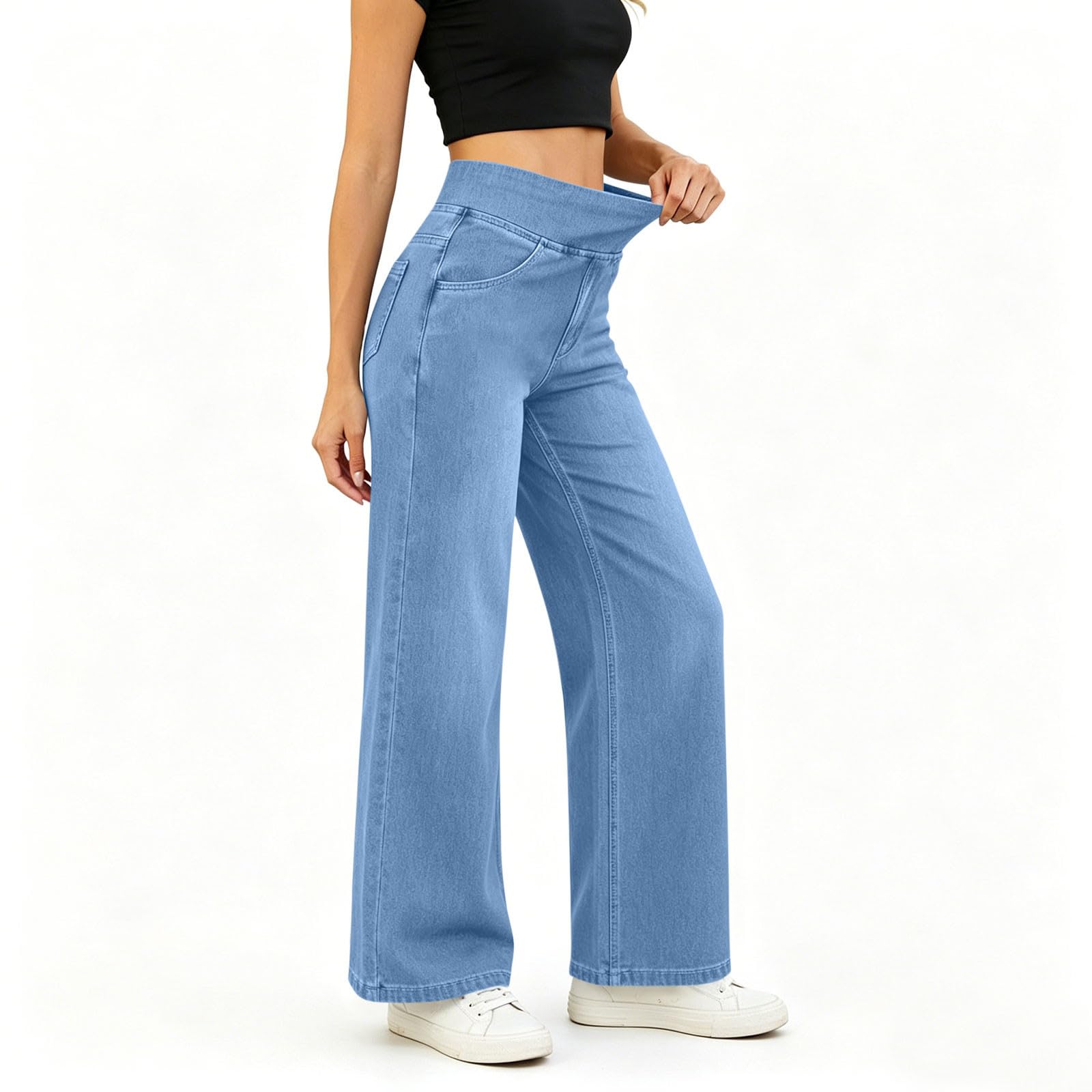 Wide Leg Jeans Woman Elastic Waist Pull on Stretchy Straight Leg Denim Pants High Waisted Tummy Control Sweatpant Jean Medium A03-light Blue