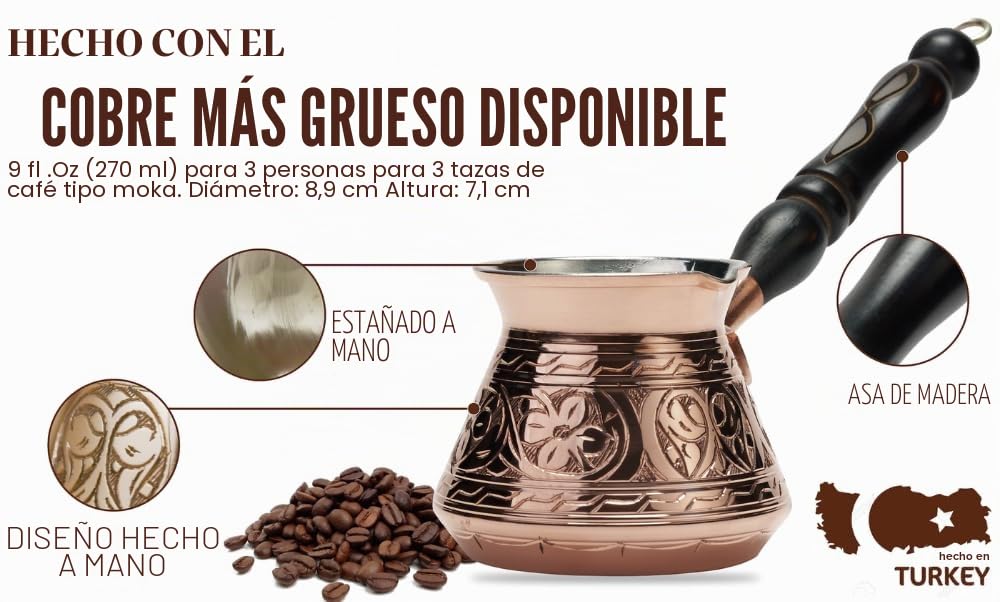 DEMMEX Cafetera Turca, Griega y Árabe de Cobre Más Grueso, Cafetera para Estufa, Cezve Ibrik Briki con Mango de Madera y Cuchara, (Grabada a Mano (270 ml))