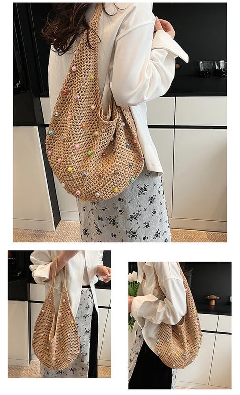 Image of Boho Crochet Beach Tote Shoulder Bag with Colored Beads | Colorful Aesthetic Hippie Knit Bag for Women