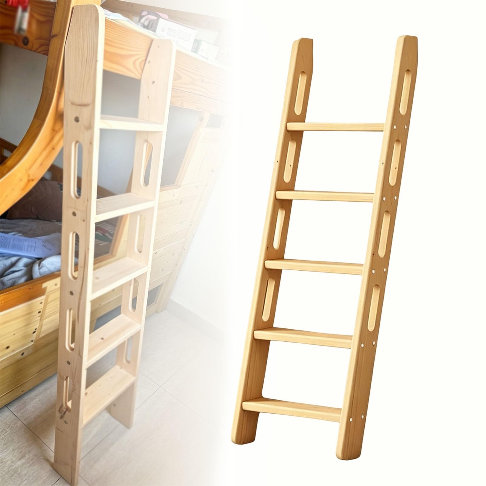 Wooden Loft Bed Ladders, Height Universal Space-Saving Motorhome Step Stairs with Safety Hollow-Out Side Rails, 150KG Capacity, Replacement Wooden Ladder for Dorms, Bedrooms, Apartments(1.7m)