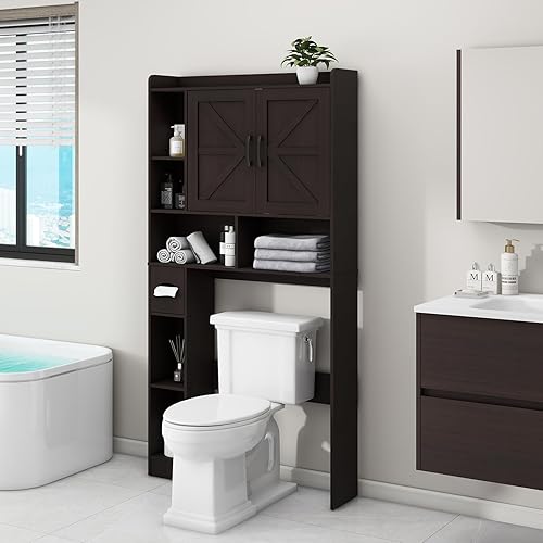 Miniatura 5 de Gabinete de almacenamiento sobre el inodoro, armario de almacenamiento de granja sobre el inodoro con 2 puertas de granero y soporte de papel