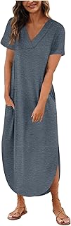 2025 - Vestido de camiseta para mujer 2024, manga corta, cuello en V, vestido largo sólido, con abertura lateral, vestidos casuales con bolsillos, vestido de noche sexy para mujer