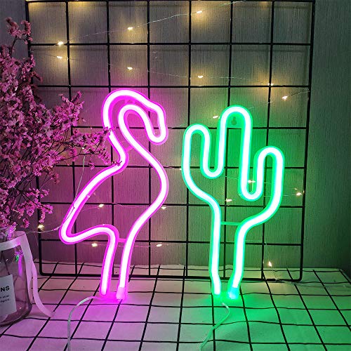 Flamingo and Cactus Neon Lights Decor Lamp Flamingo&Cactus Neon Signs LED Neon Lamps LED Lights Wall Decoration Girls Bedroom Living Room Christmas Party as Kids Gift(Pink Flamingo and Green Cactus)