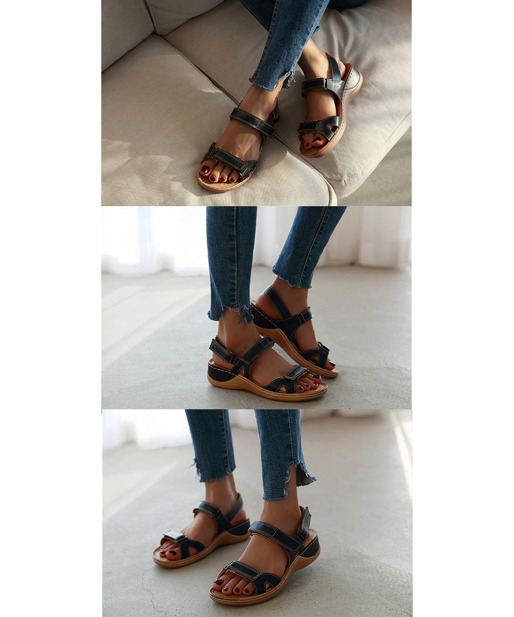 Morbuy-Shop Sandalias Planas Verano Para Mujer, Moda Cómodo Retro Cuero Sandalias De Cuña Plataforma Punta Abierta Transpirable Talla Grande Zapatos De Playa Sandalias (CN40=254mm,Negro