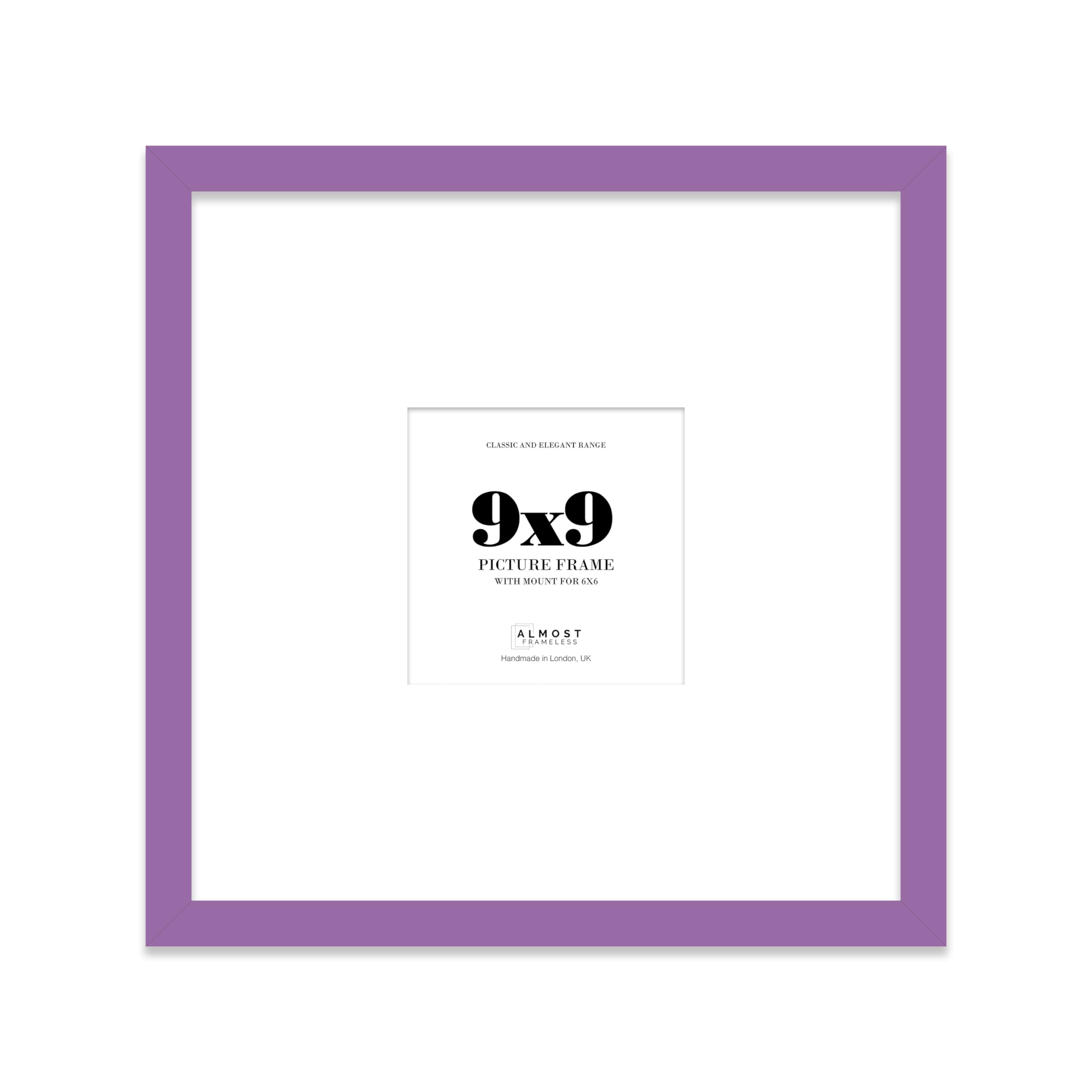 Almost Frameless 9x9 Square Picture Frame, Display Pictures 6x6 With Mat or 9x9 Without Mat, Wall Hanging & Free Standing Photo Frame, Purple, 1 Pack