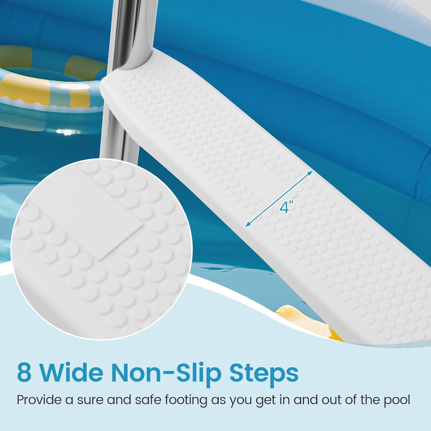 Goplus 4-Step Steel Frame Above Ground Swimming Pool Ladder for 55" Pool Wall Heights, Double-Sided Entry & Exit Ladder w/Non-Slip Steps, Top Platform, Rotating Foot Pads