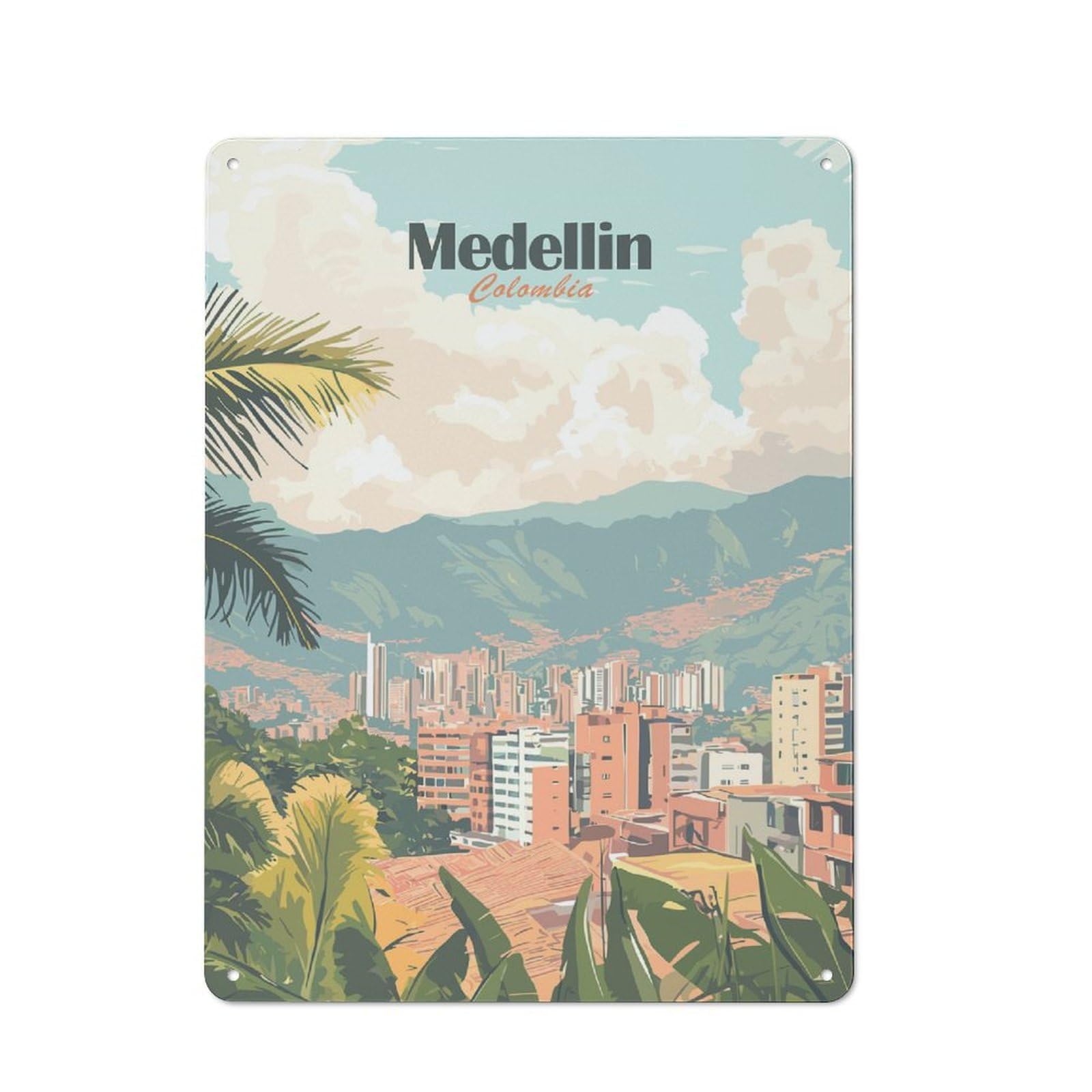 Junmoney Style-4 Vintage Decorative Tin Plaque 40X30cm Featuring Medellin Colombia Cityscape Travel, Home Wall Decor For Bedroom, Kitchen, Office Or Living Room