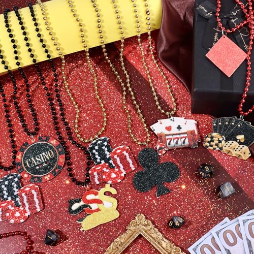36 Pcs Casino Night Beaded Necklaces 12 Styles Dice Poker Dollar Sign Necklaces Casino Theme Gold Red Black Necklaces Jewelry Accessories for Casino Party Favors4