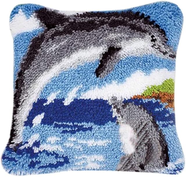 ROCKY&CHAO Latch Rug for DIY Latch Sets with Cushion Latch Set 43 x 43 cm Cushion Cover Set for Adults and Children Latch Hook Kit Home Accessory (Two Dolphins)