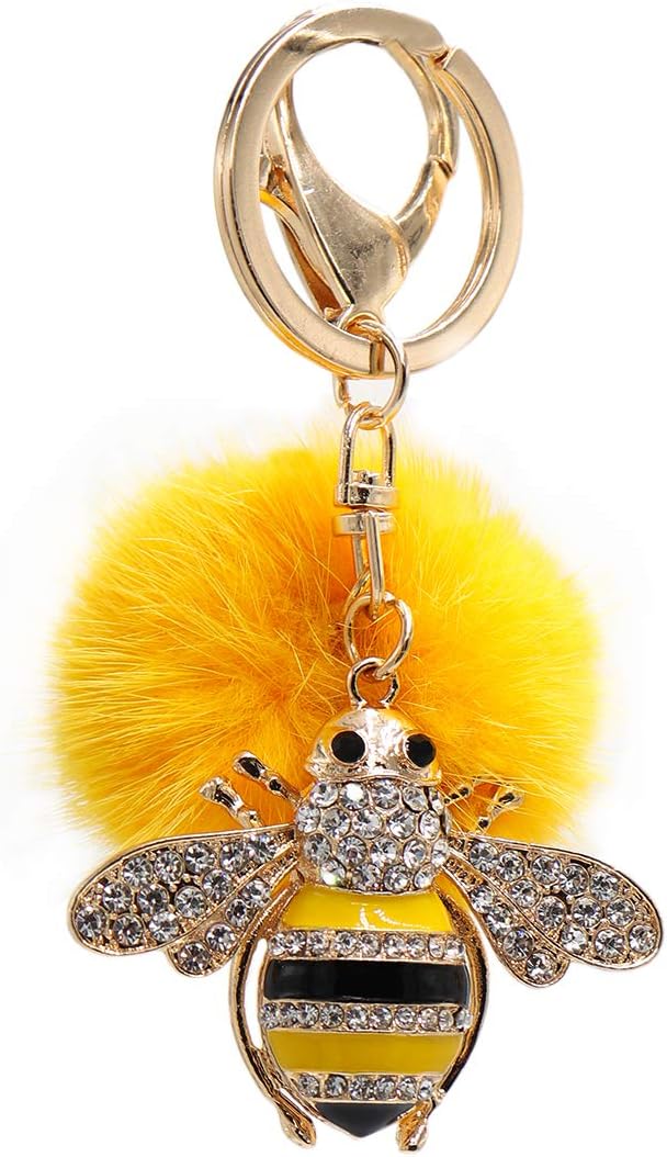 surell Genuine Mink Fur Pom Bumble Bee Bling Keychain - Bag Beach Purse Charm - Bumblebee Pocketbook Accessory
