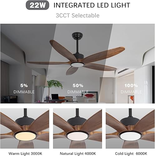 Miniatura 6 de Ventilador de techo de 5 aspas de madera con luz y control remoto, motor CC reversible silencioso, 6 velocidades de viento, LED regulable y memoria,
