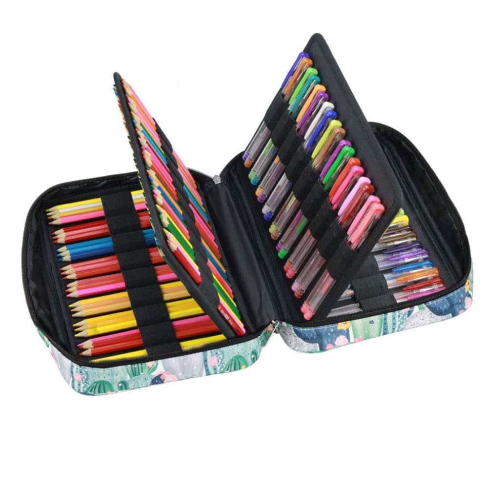 Trousse à crayons en nylon pouvant contenir 166 crayons de couleur ou 112 stylos gel avec fermeture éclair et grande fente pour étudiants ou artistes – Cactus