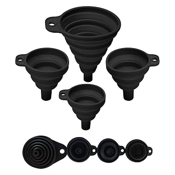 Set of 4 Silicone Collapsible Kitchen Funnel - X-Small to Large Sizes for Easy Liquid Transfer Food Grade Silicone Collapsible Gadgets Black