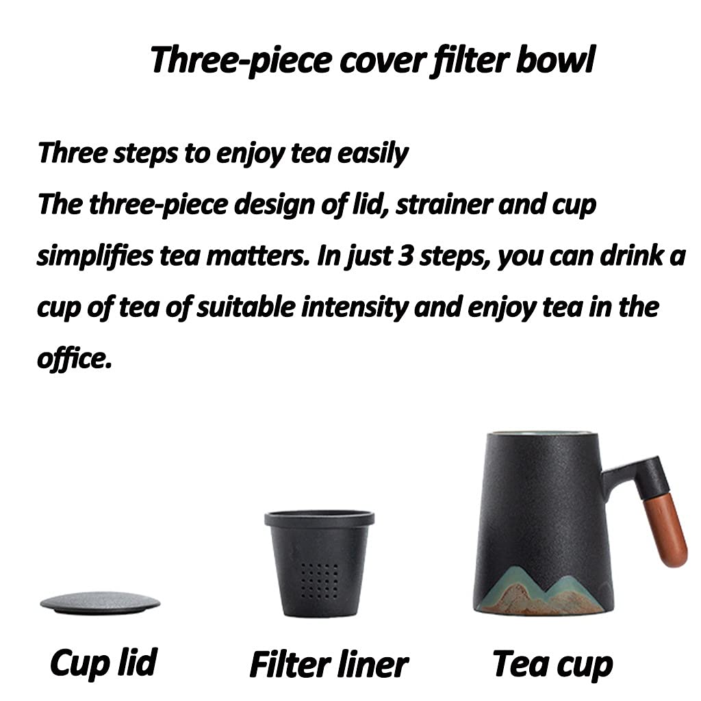 DUNAKE Teetasse mit Deckel und sieb, Tee-Sieb-Tasse Mit Teebeutelhalter Für Losen Tee, Tee-Becher Holzgriff, 450 Ml / 15,2 Oz Schwarz, Teeliebhabergeschenke Für Frauen Und Mann (Style : Style2)