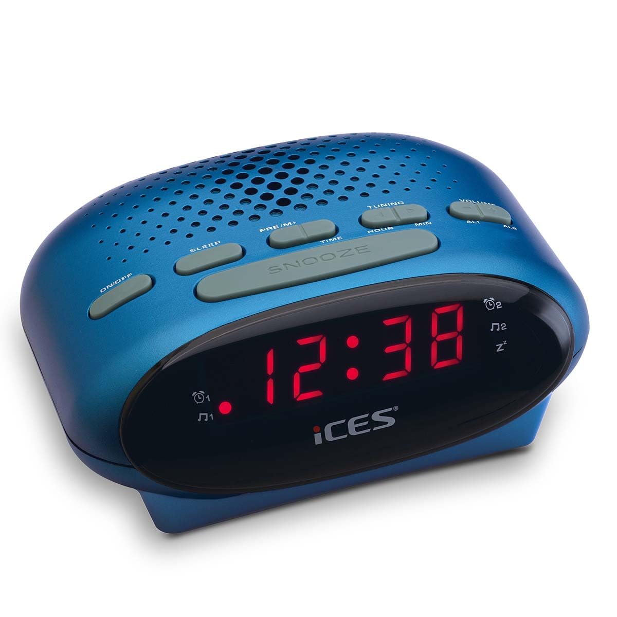 iCES ICR-210 BLUE - Uhrenradio - Radiowecker mit Stromkabel - 2 Weckzeiten | ICR-210 - PLL FM - Schlummerfunktion - Sleeptimer - Gangreserve - kompakt - blau