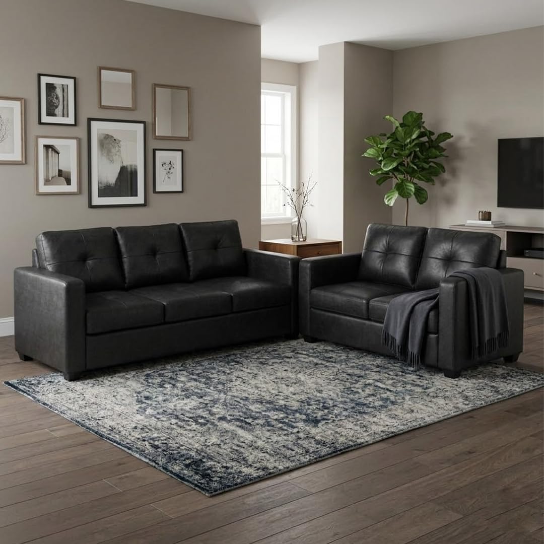 FURNY Hermon 5 Seater Premium Leatherette 3+2 Sofa Set (Black) Durable & Comfortable | Ideal for Living Rooms
